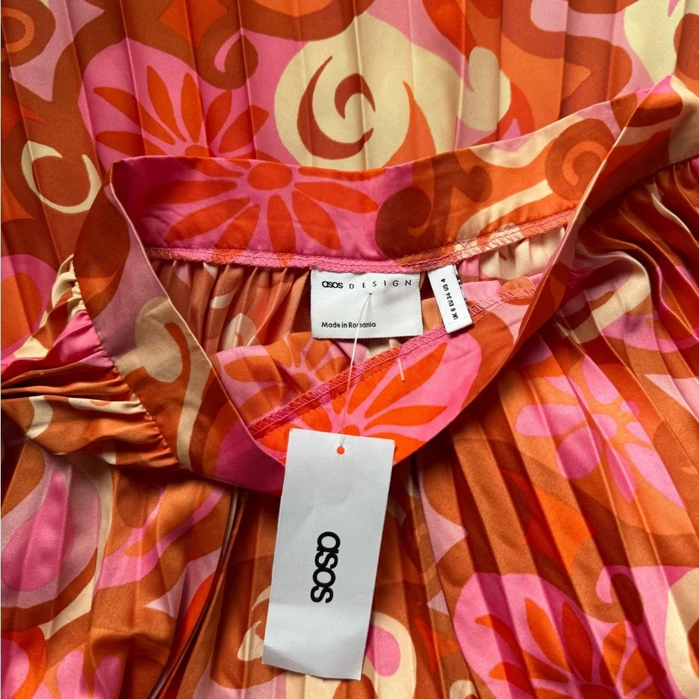 NWT ASOS DESIGN Pleated Midi Skirt Retro Floral Pink Orange US 4